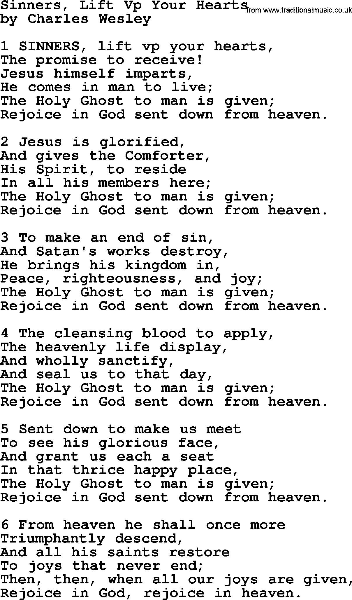 Charles Wesley hymn: Sinners, Lift Vp Your Hearts, lyrics