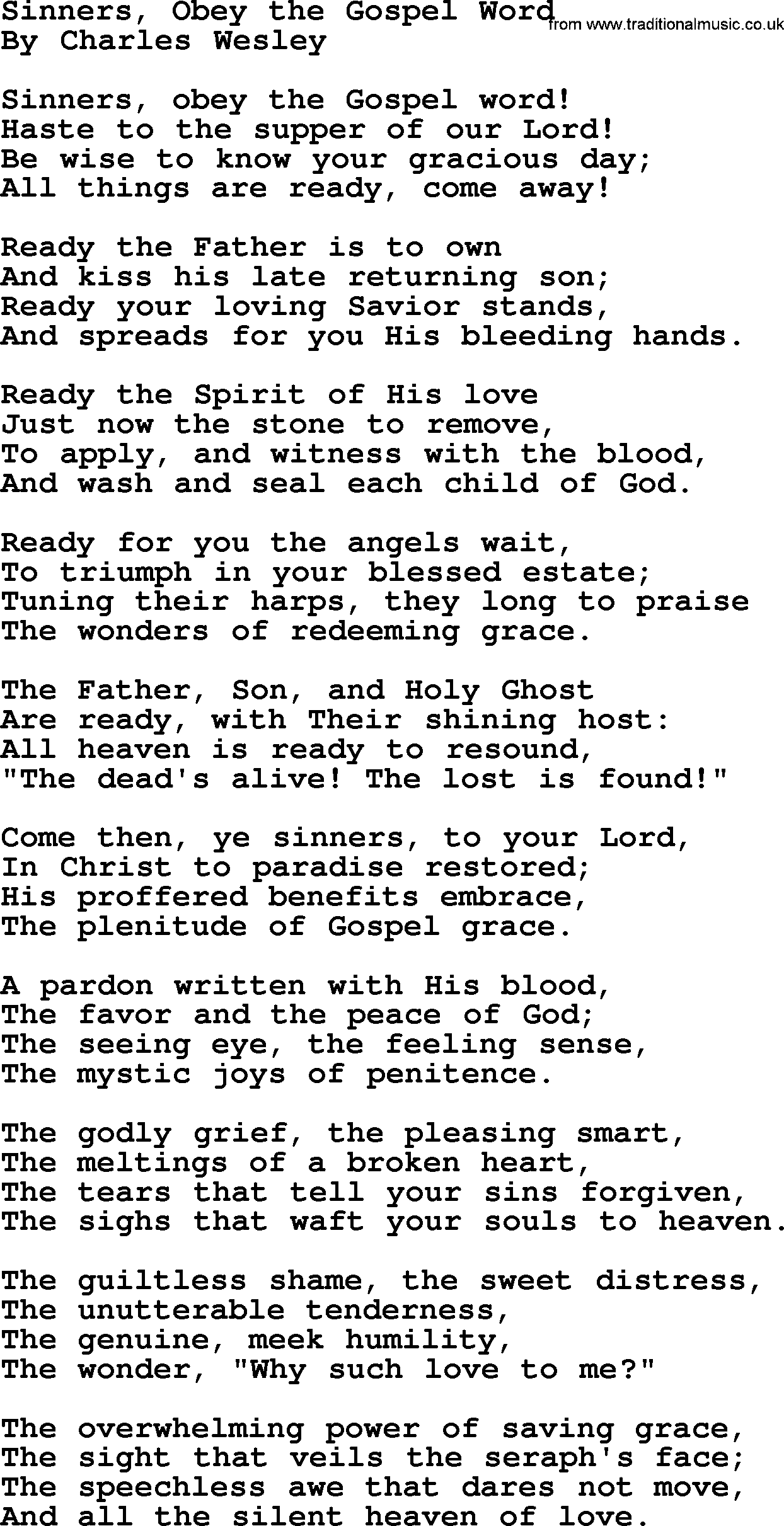Charles Wesley hymn: Sinners, Obey the Gospel Word, lyrics