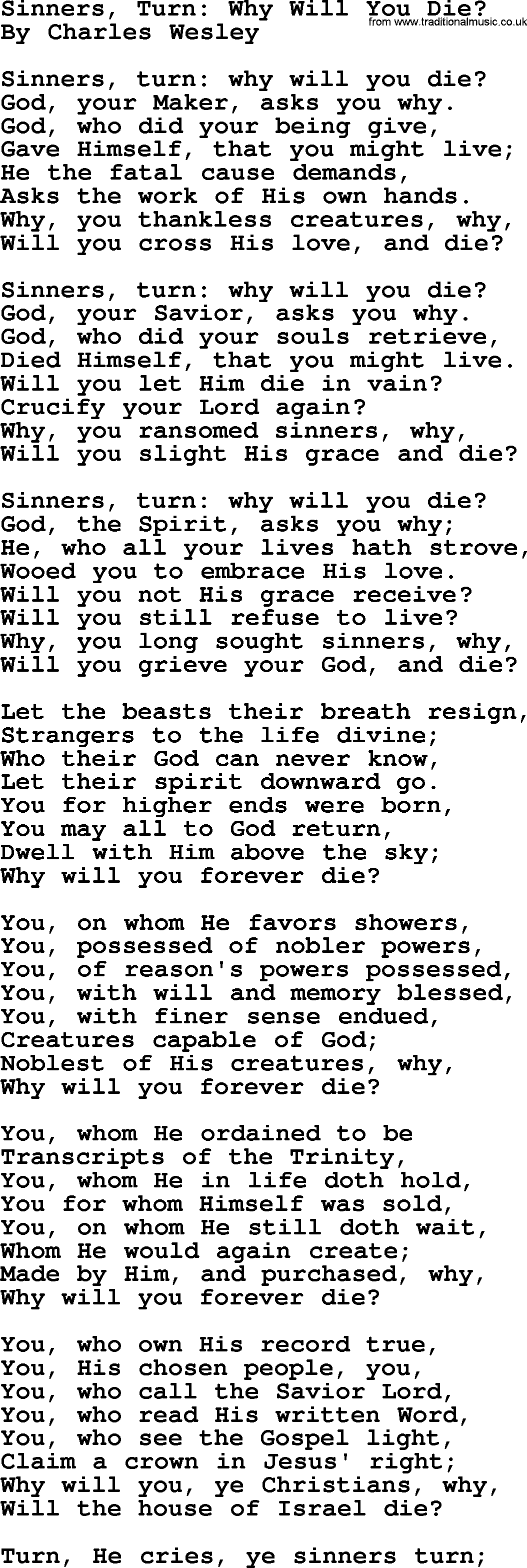 Charles Wesley hymn: Sinners, Turn_ Why Will You Die, lyrics