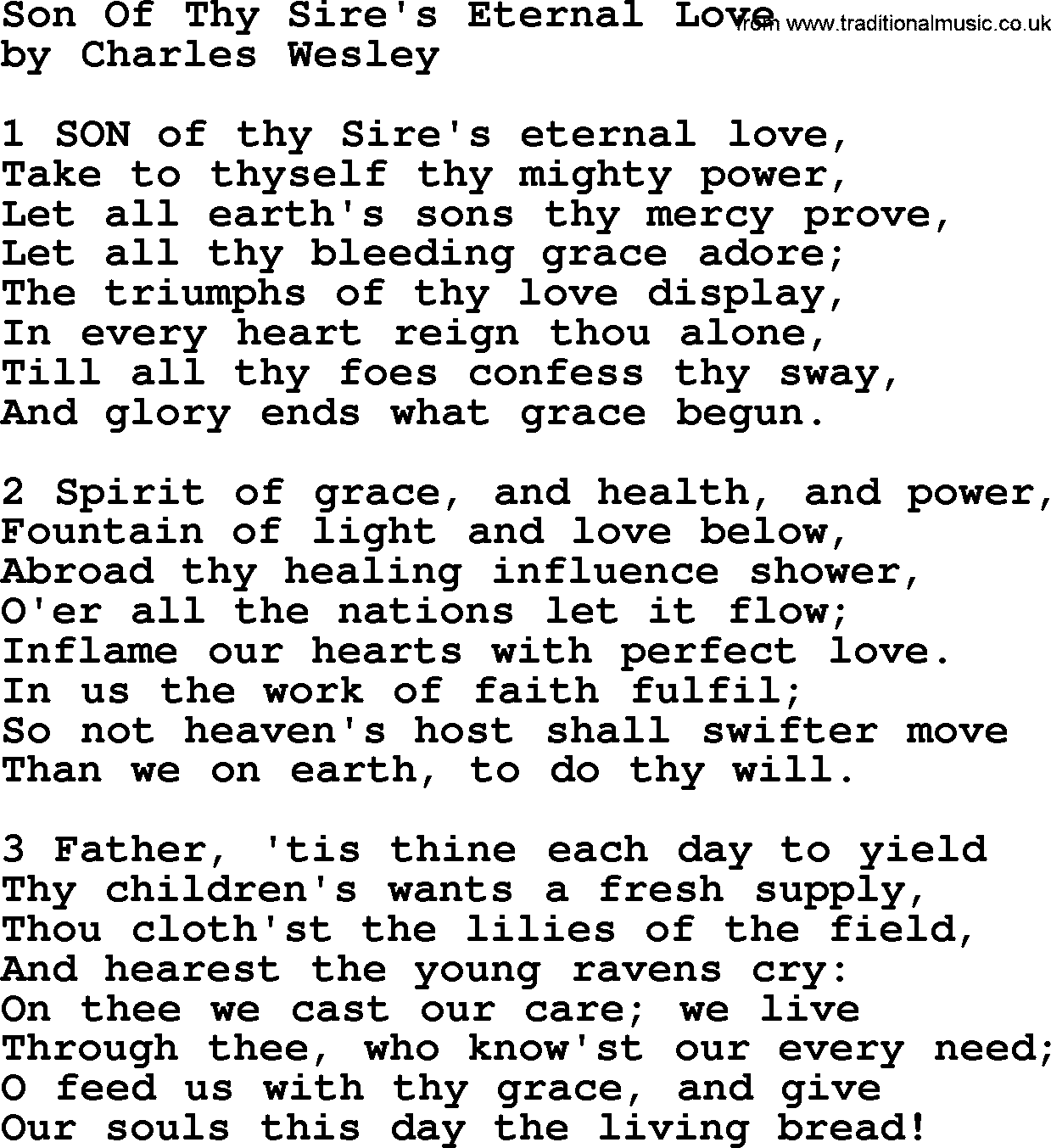 Charles Wesley hymn: Son Of Thy Sire's Eternal Love, lyrics