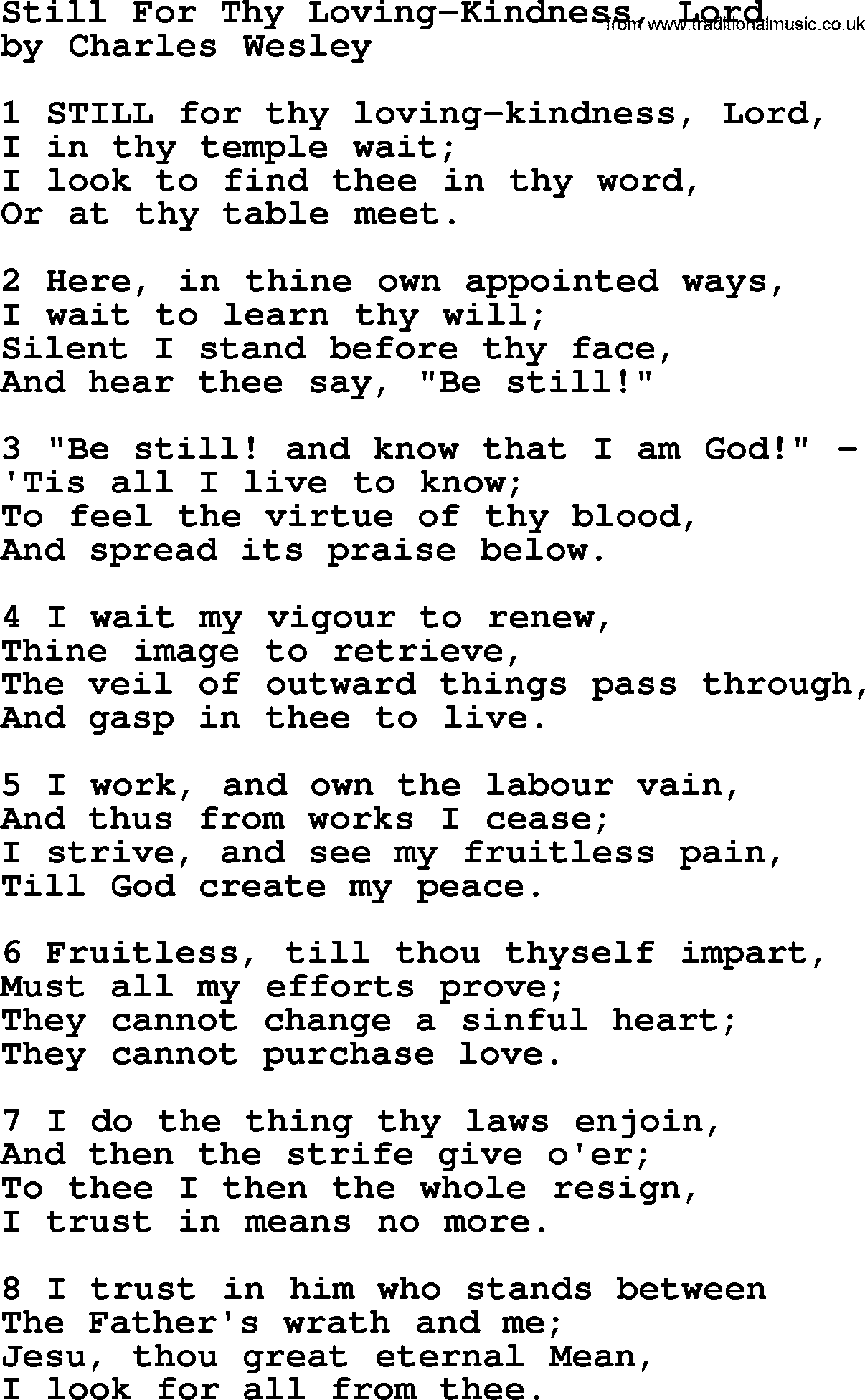 Charles Wesley hymn: Still For Thy Loving-Kindness, Lord, lyrics