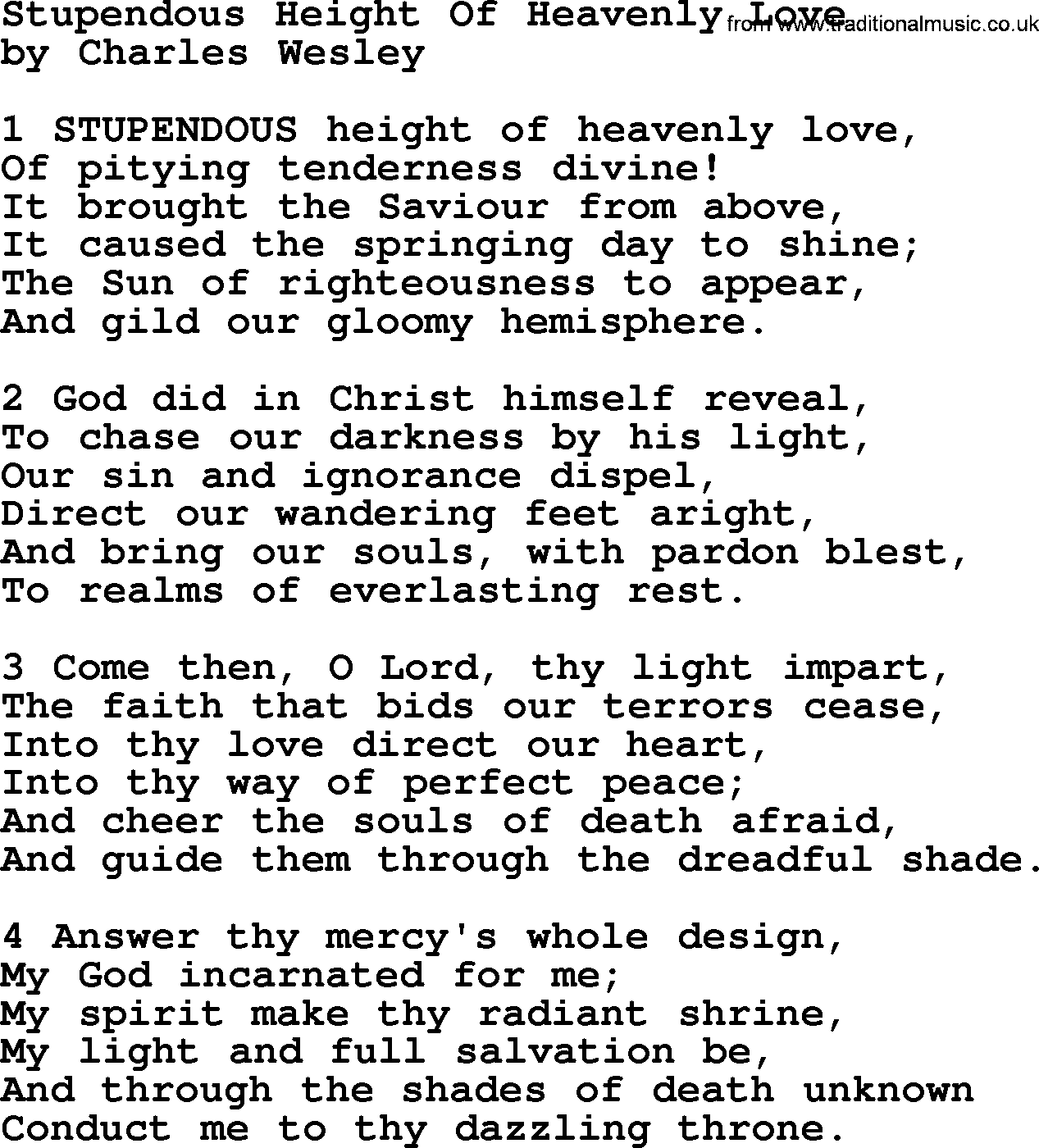 Charles Wesley hymn: Stupendous Height Of Heavenly Love, lyrics
