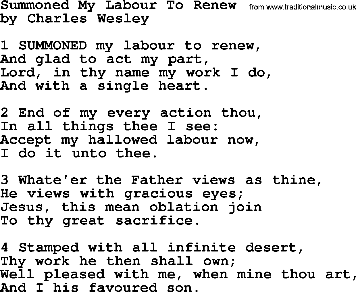 Charles Wesley hymn: Summoned My Labour To Renew, lyrics
