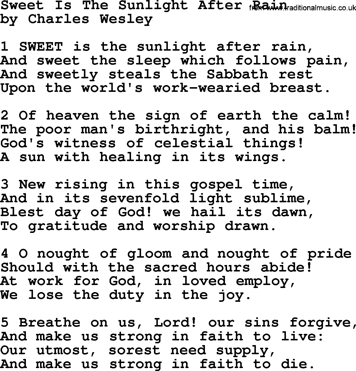 Charles Wesley hymn: Sweet Is The Sunlight After Rain, lyrics