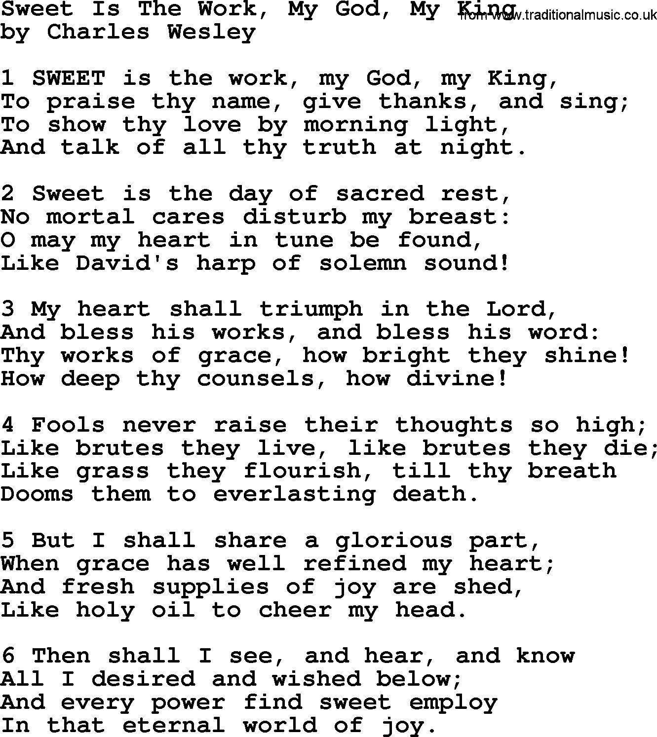 Charles Wesley hymn: Sweet Is The Work, My God, My King, lyrics