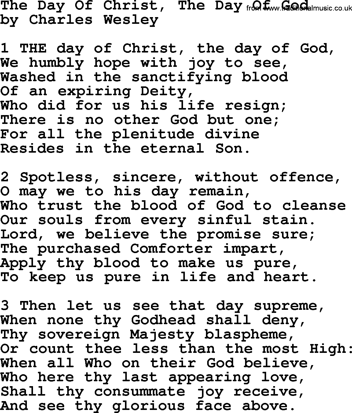 Charles Wesley hymn: The Day Of Christ, The Day Of God, lyrics