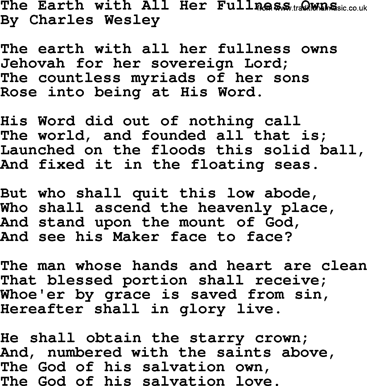 Charles Wesley hymn: The Earth with All Her Fullness Owns, lyrics