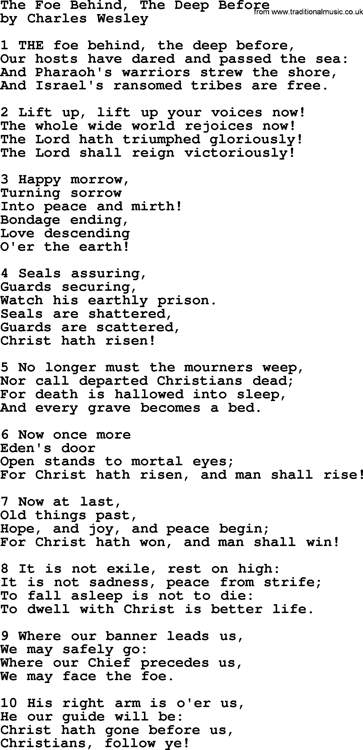 Charles Wesley hymn: The Foe Behind, The Deep Before, lyrics