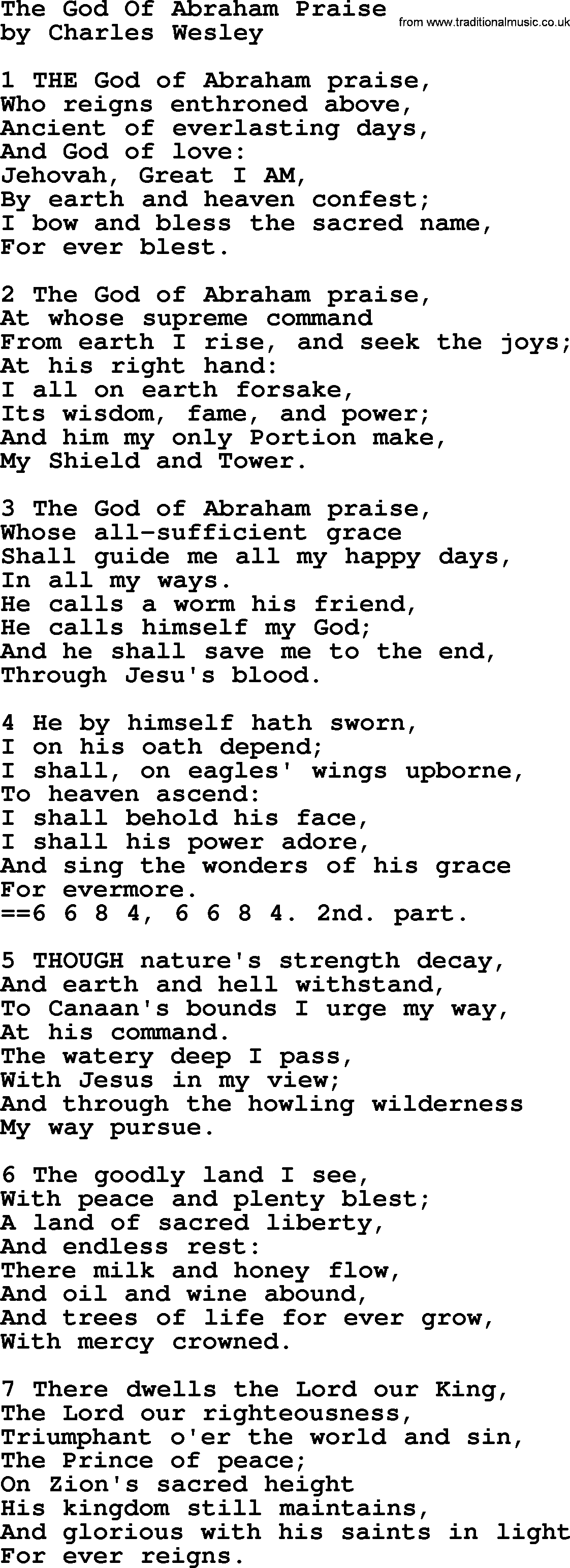 Charles Wesley hymn: The God Of Abraham Praise, lyrics