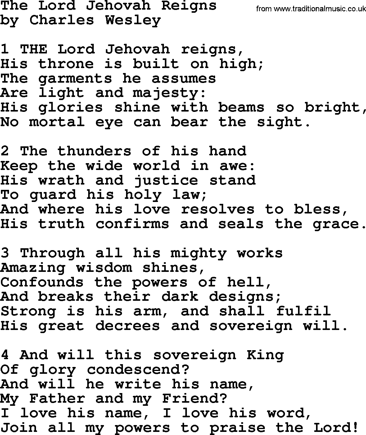 Charles Wesley hymn: The Lord Jehovah Reigns, lyrics