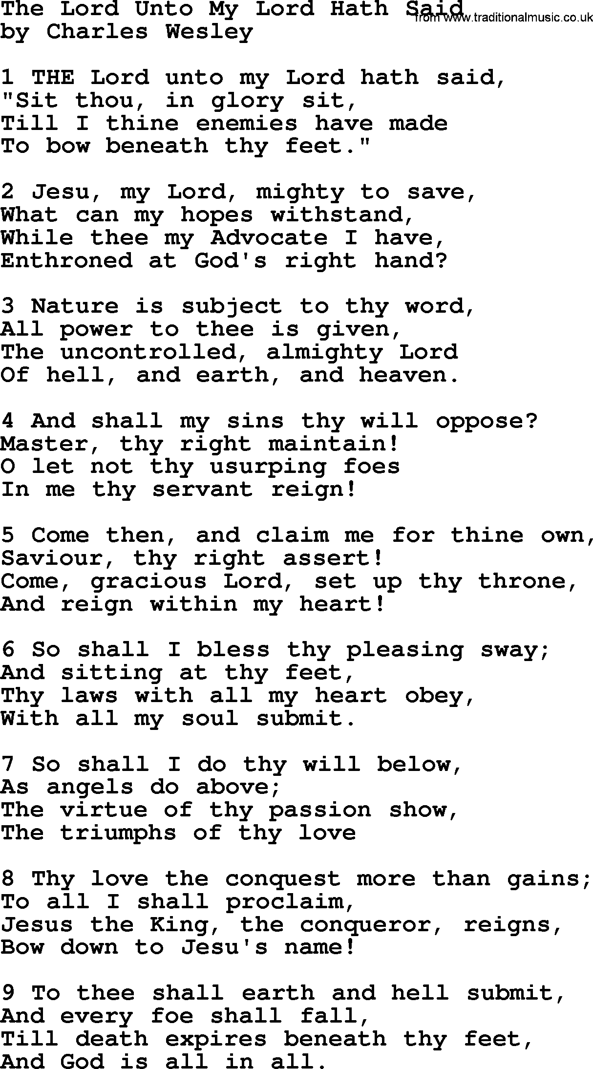 Charles Wesley hymn: The Lord Unto My Lord Hath Said, lyrics
