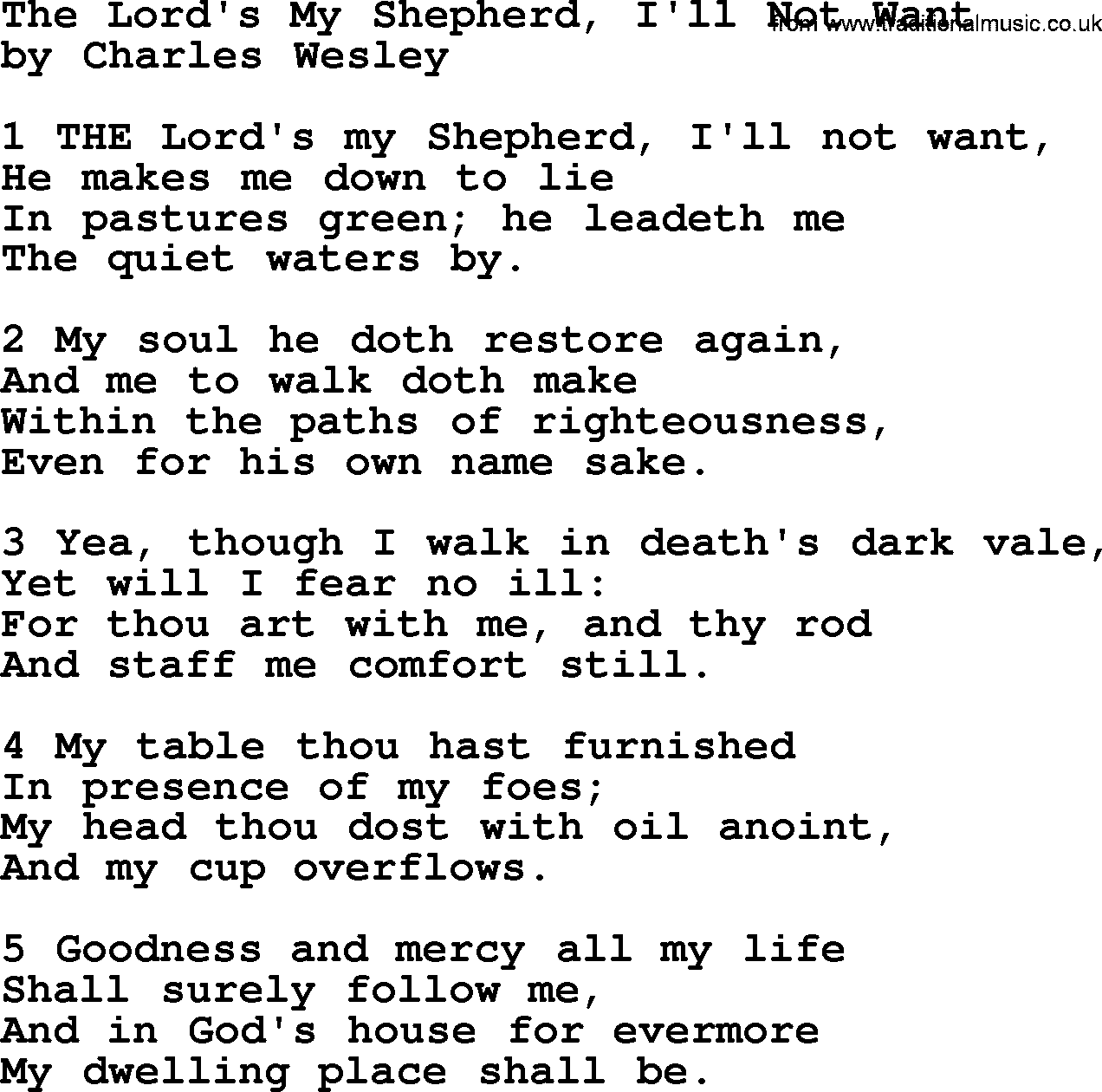 Charles Wesley hymn: The Lord's My Shepherd, I'll Not Want, lyrics