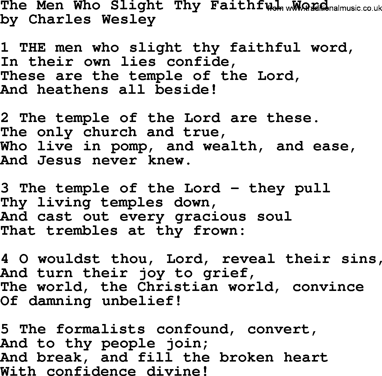 Charles Wesley hymn: The Men Who Slight Thy Faithful Word, lyrics