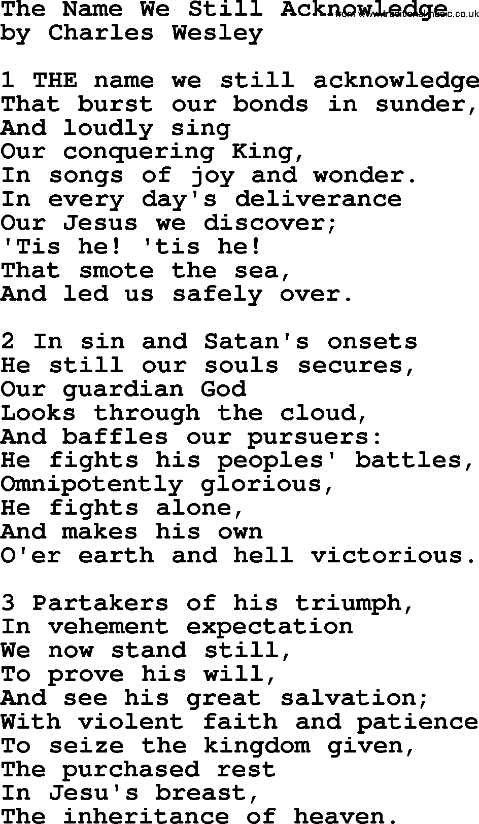 Charles Wesley hymn: The Name We Still Acknowledge, lyrics