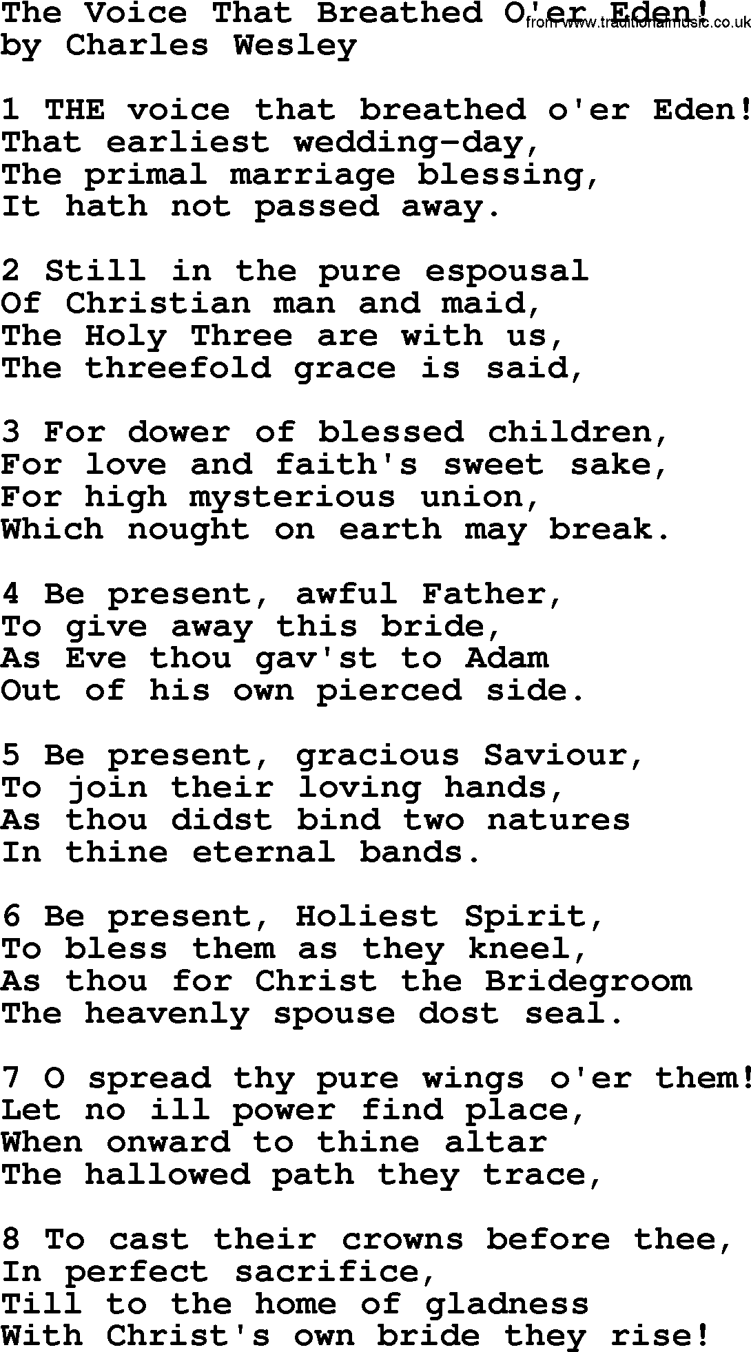 Charles Wesley hymn: The Voice That Breathed O'er Eden!, lyrics