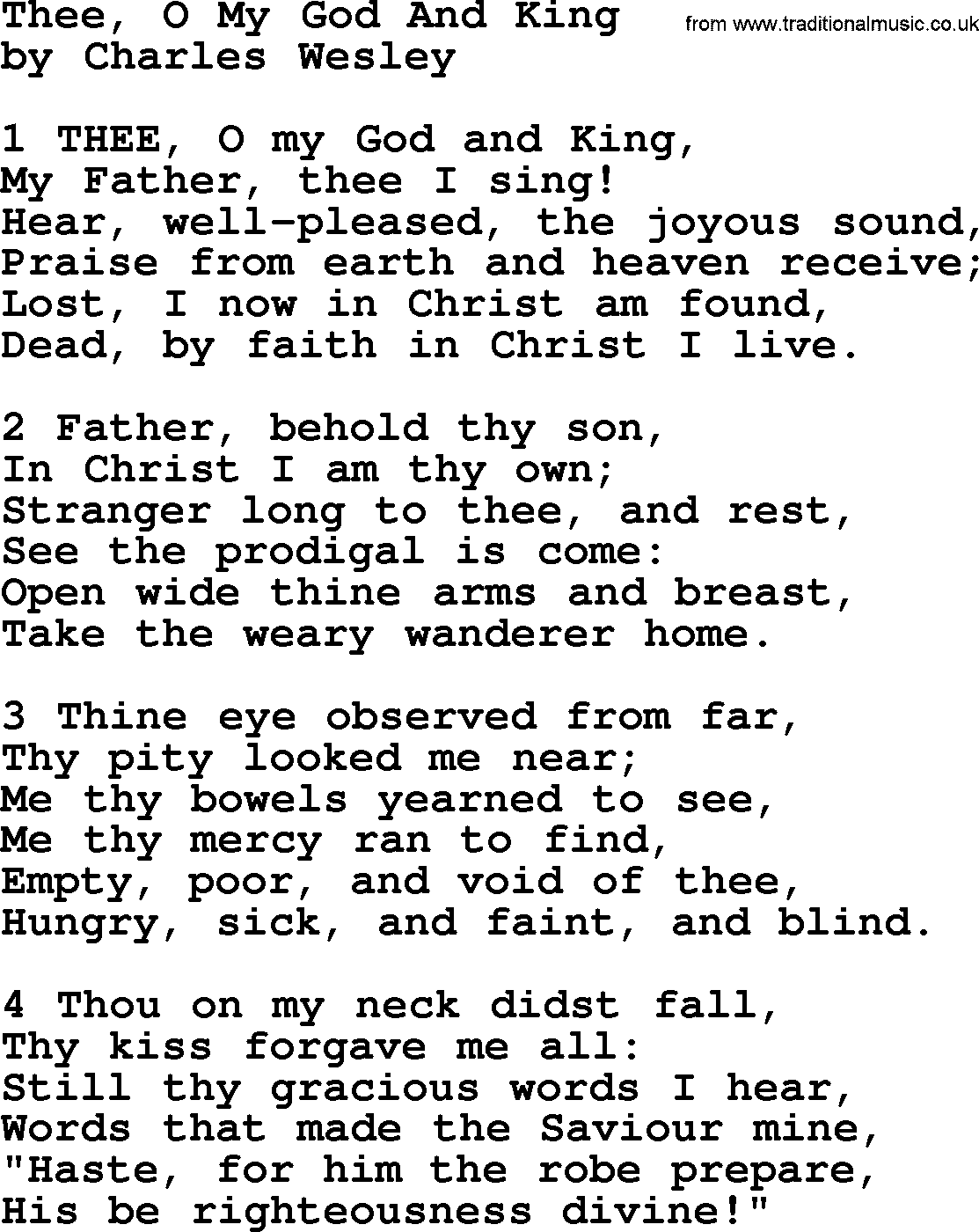 Charles Wesley hymn: Thee, O My God And King, lyrics