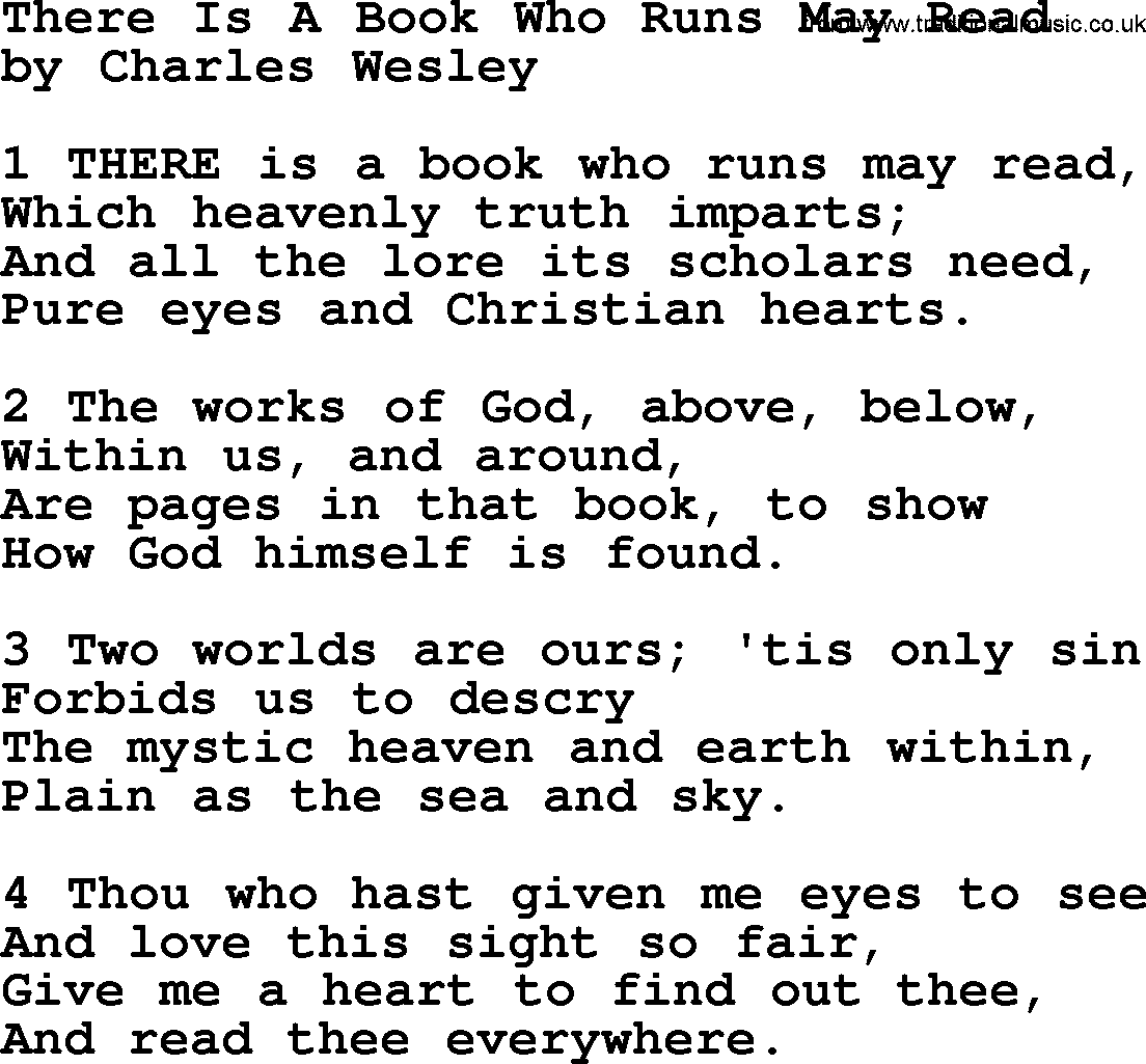 Charles Wesley hymn: There Is A Book Who Runs May Read, lyrics