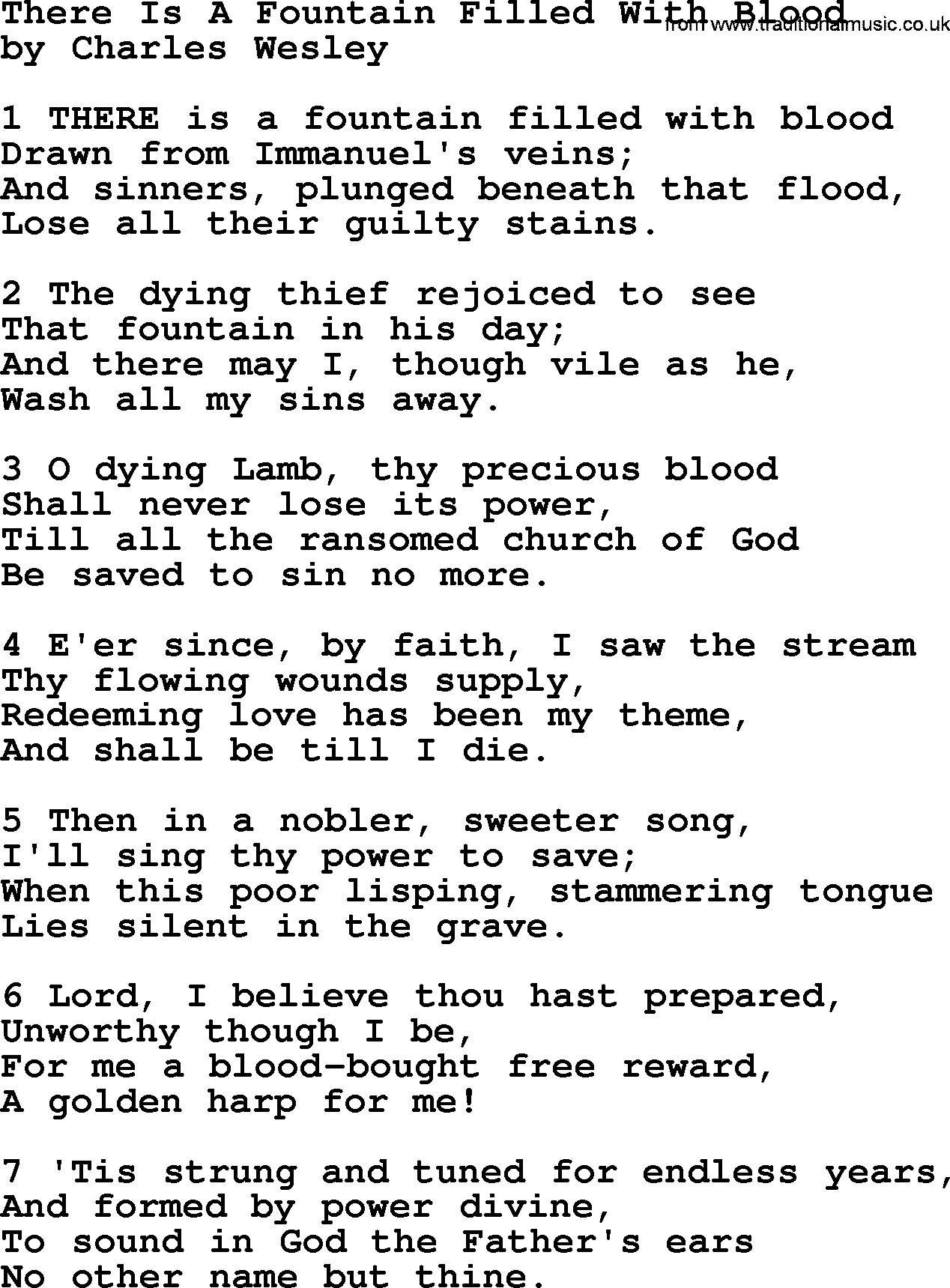 Charles Wesley hymn: There Is A Fountain Filled With Blood, lyrics