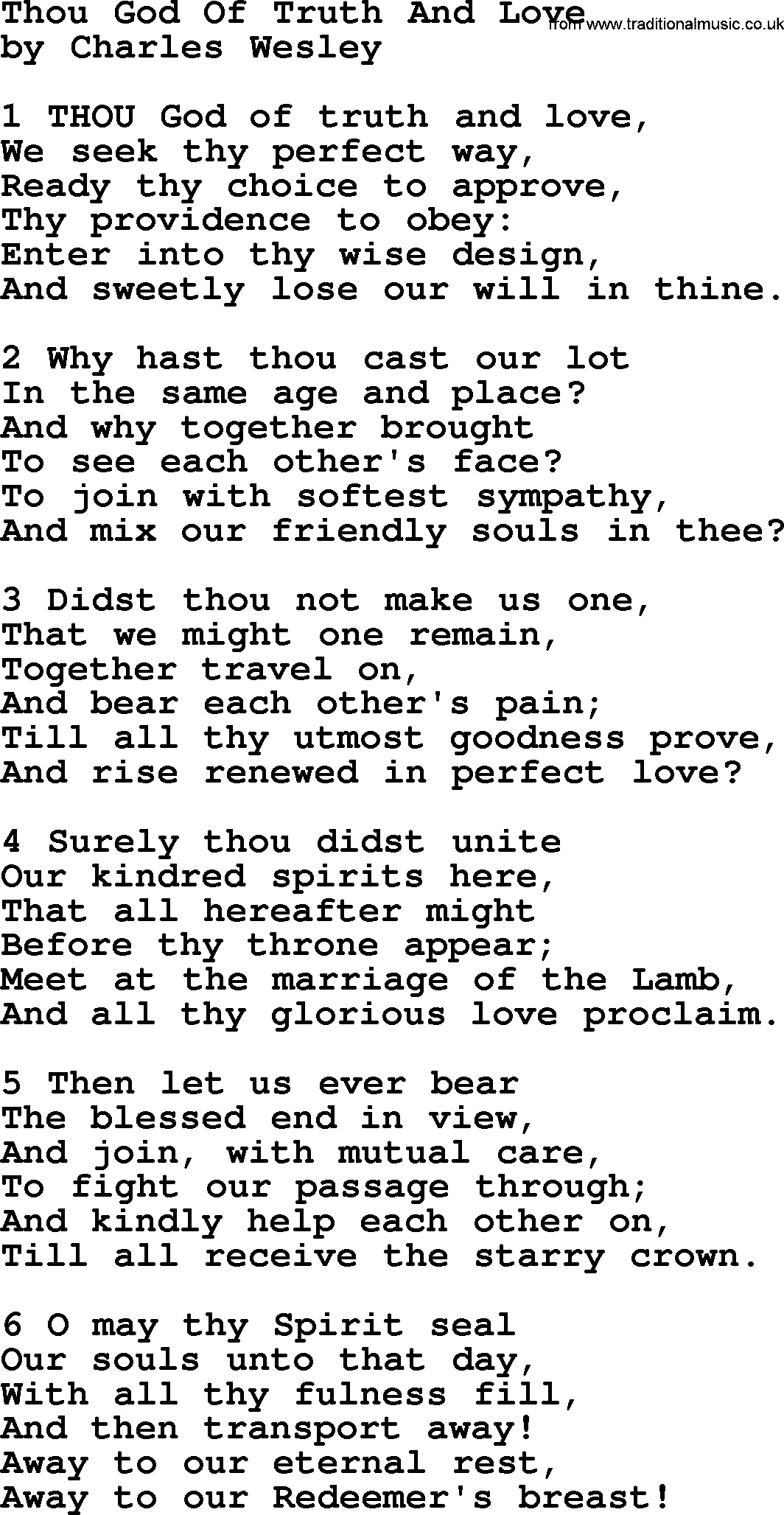 Charles Wesley hymn: Thou God Of Truth And Love, lyrics