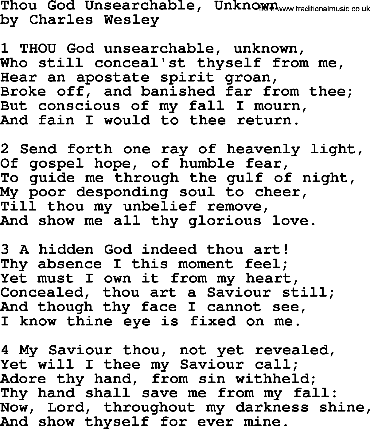 Charles Wesley hymn: Thou God Unsearchable, Unknown, lyrics