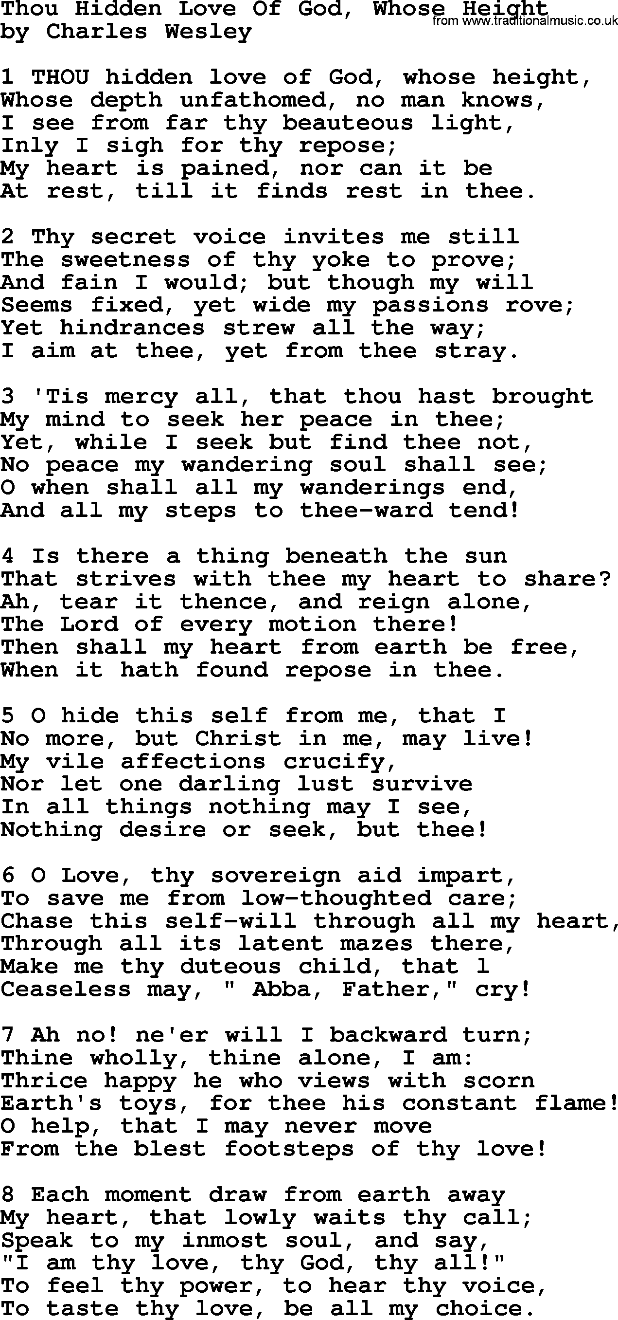 Charles Wesley hymn: Thou Hidden Love Of God, Whose Height, lyrics