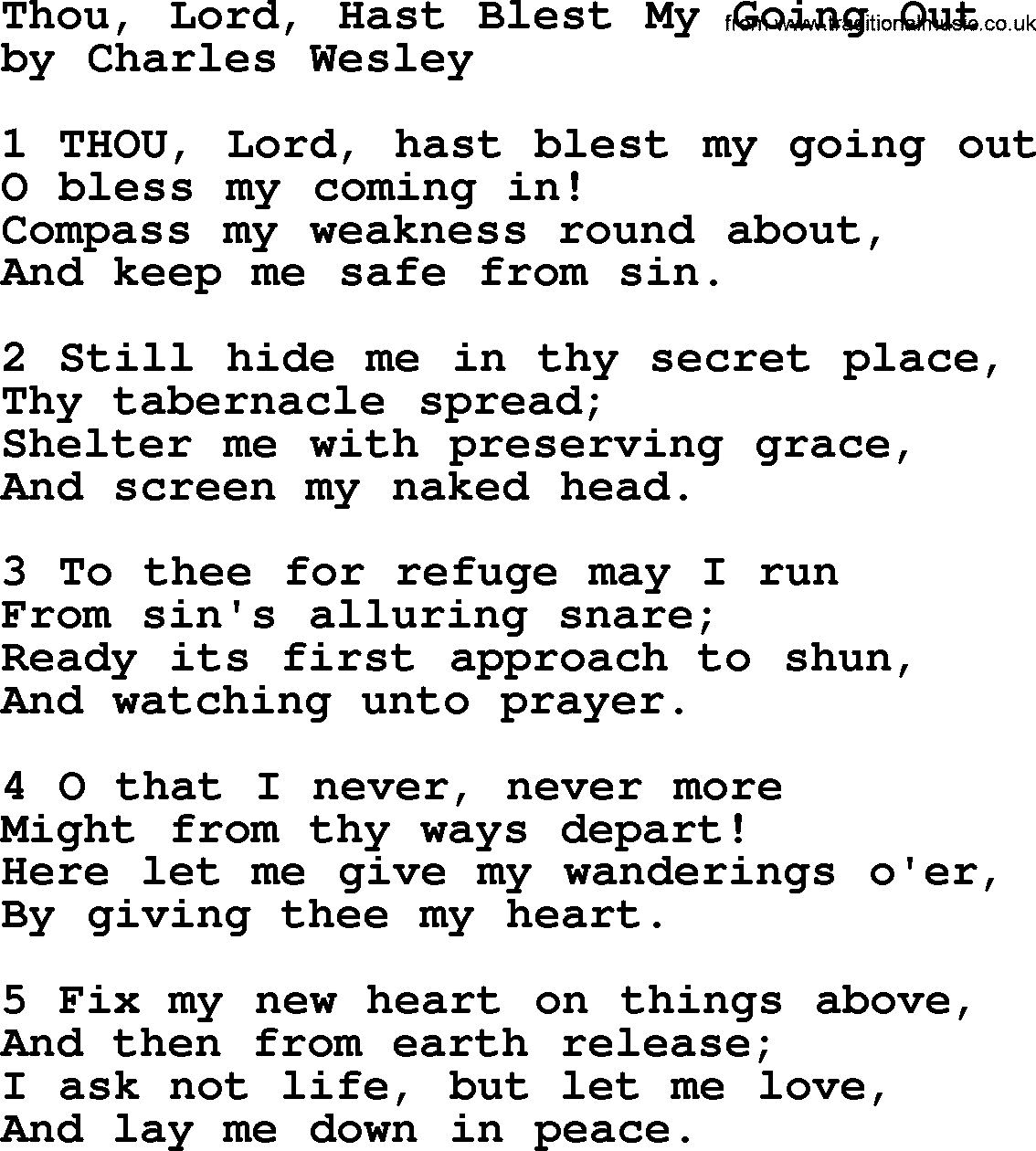 Charles Wesley hymn: Thou, Lord, Hast Blest My Going Out, lyrics