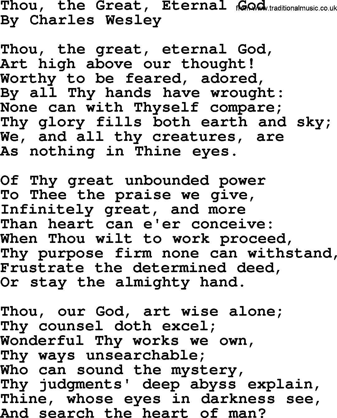Charles Wesley hymn: Thou, the Great, Eternal God, lyrics