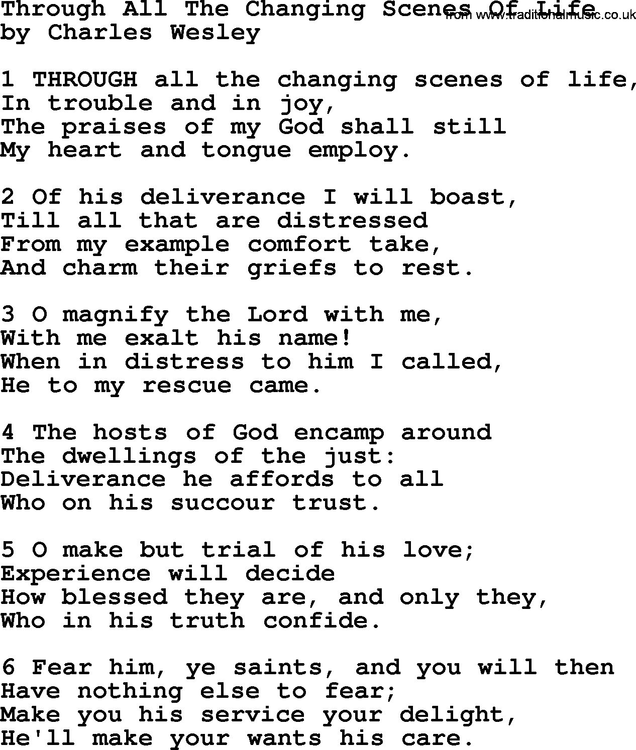 Charles Wesley hymn: Through All The Changing Scenes Of Life, lyrics