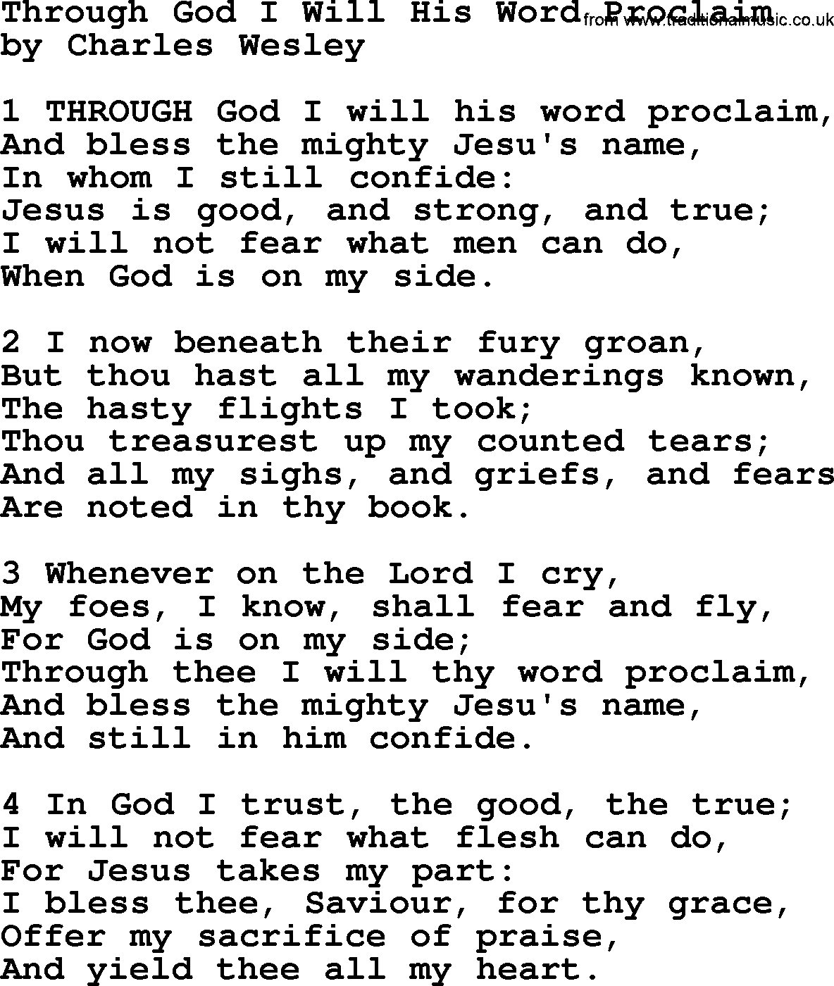 Charles Wesley hymn: Through God I Will His Word Proclaim, lyrics