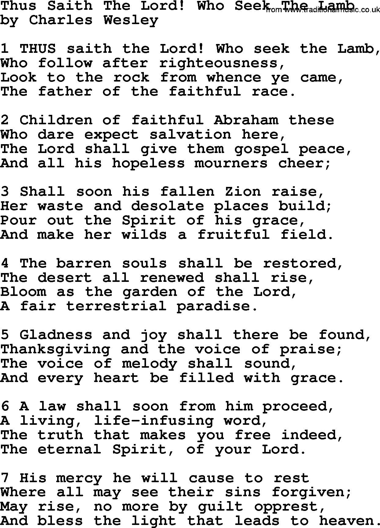 Charles Wesley hymn: Thus Saith The Lord! Who Seek The Lamb, lyrics