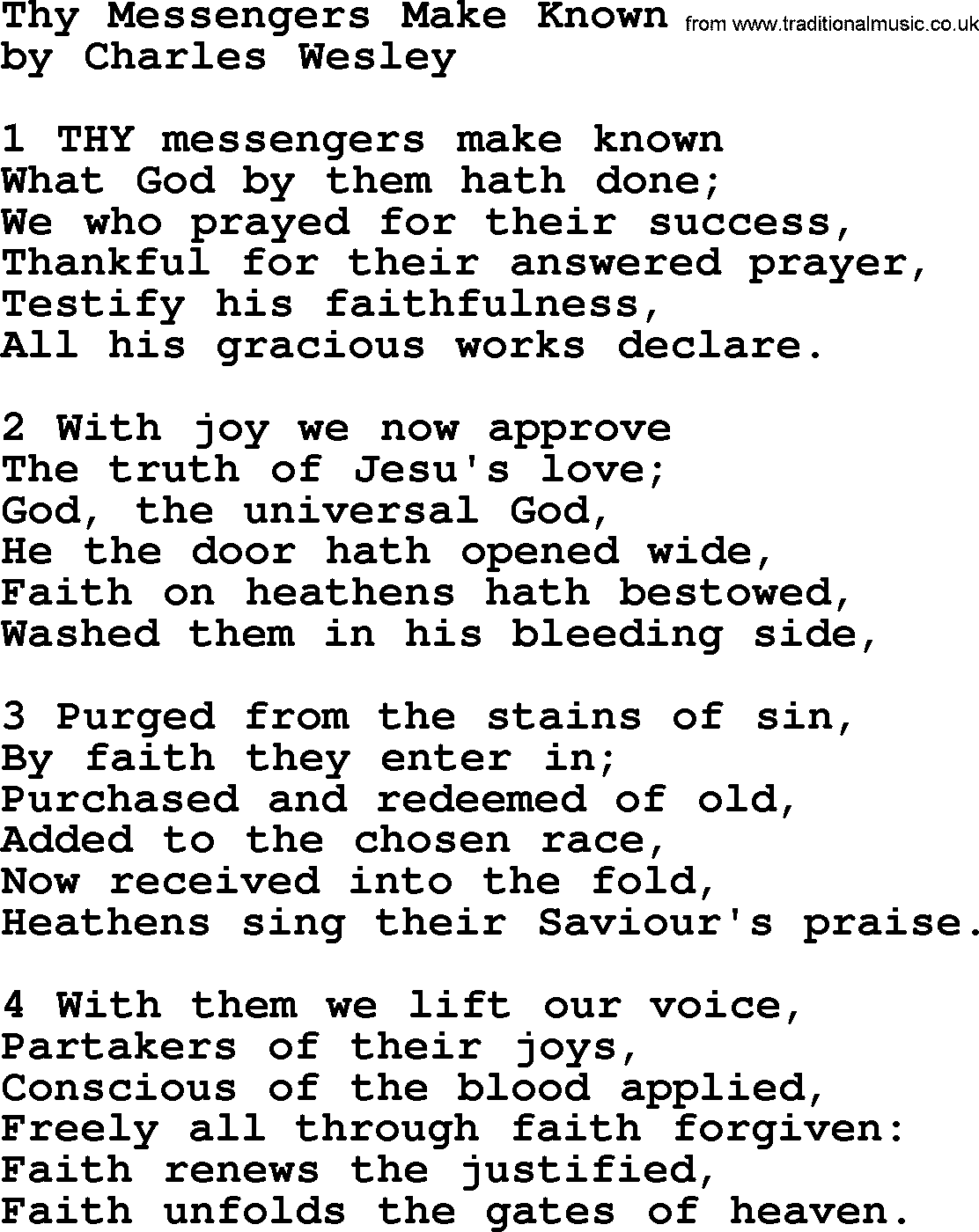 Charles Wesley hymn: Thy Messengers Make Known, lyrics