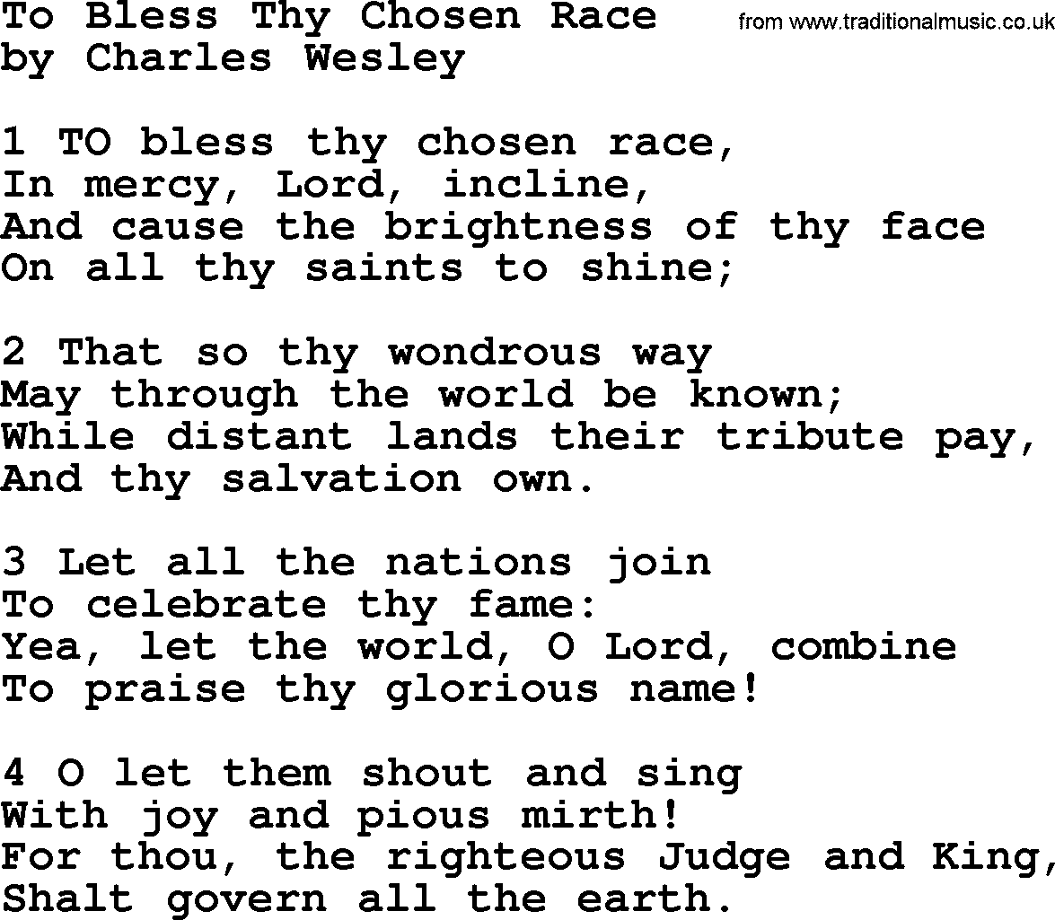 Charles Wesley hymn: To Bless Thy Chosen Race, lyrics