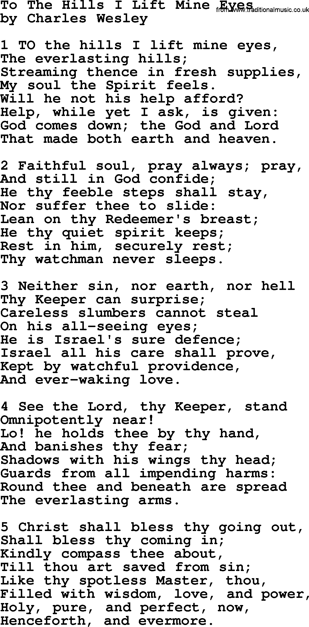 Charles Wesley hymn: To The Hills I Lift Mine Eyes, lyrics