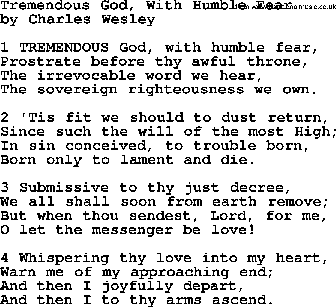 Charles Wesley hymn: Tremendous God, With Humble Fear, lyrics