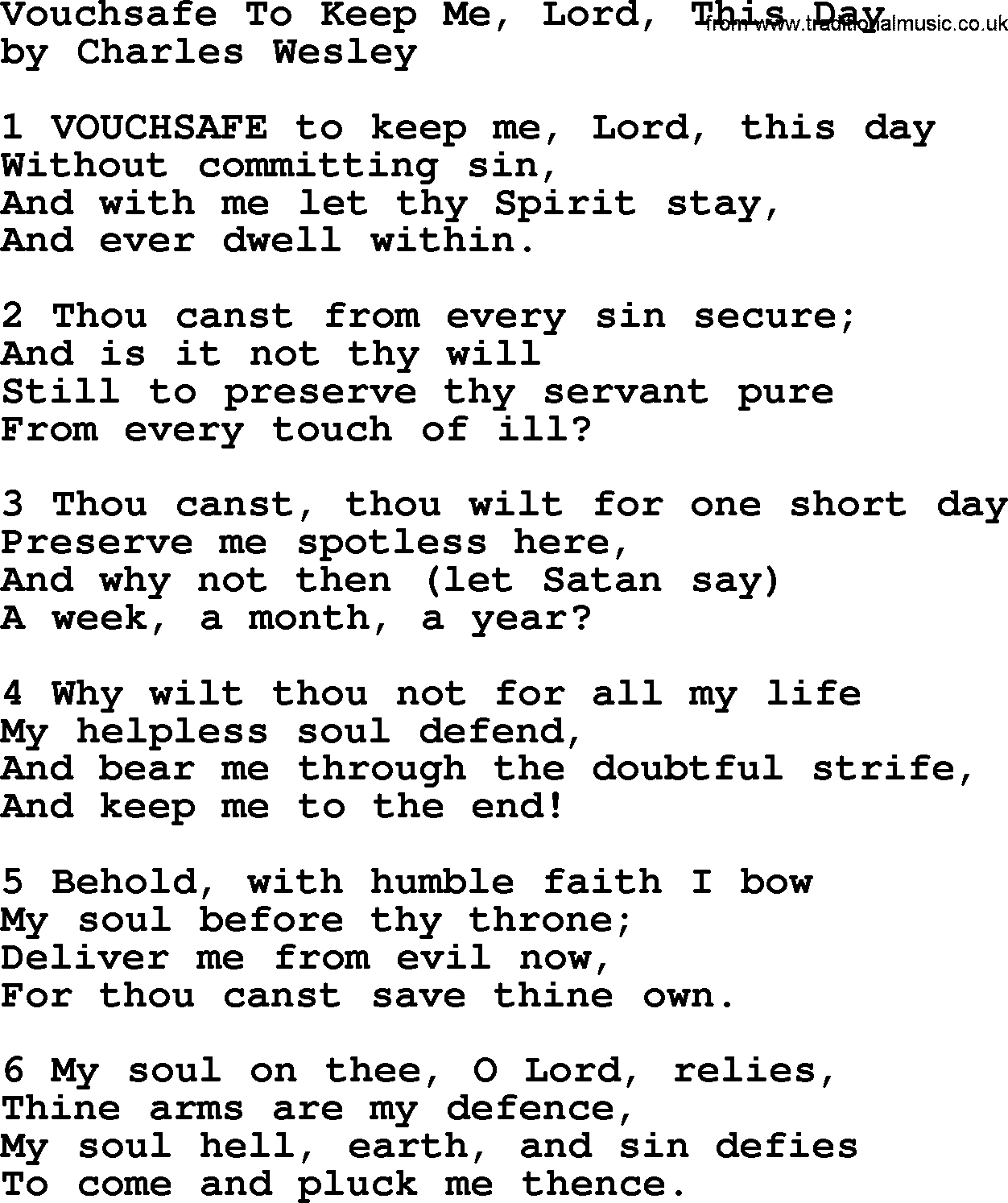 Charles Wesley hymn: Vouchsafe To Keep Me, Lord, This Day, lyrics
