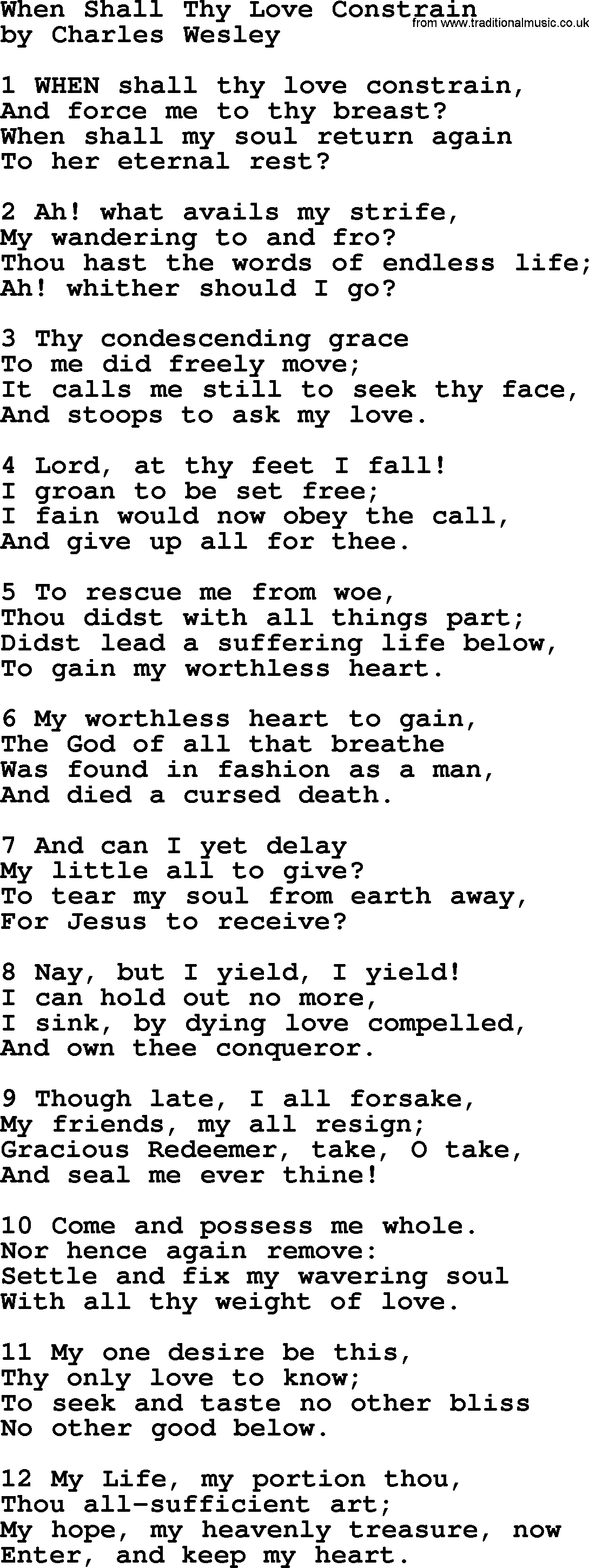 Charles Wesley hymn: When Shall Thy Love Constrain, lyrics