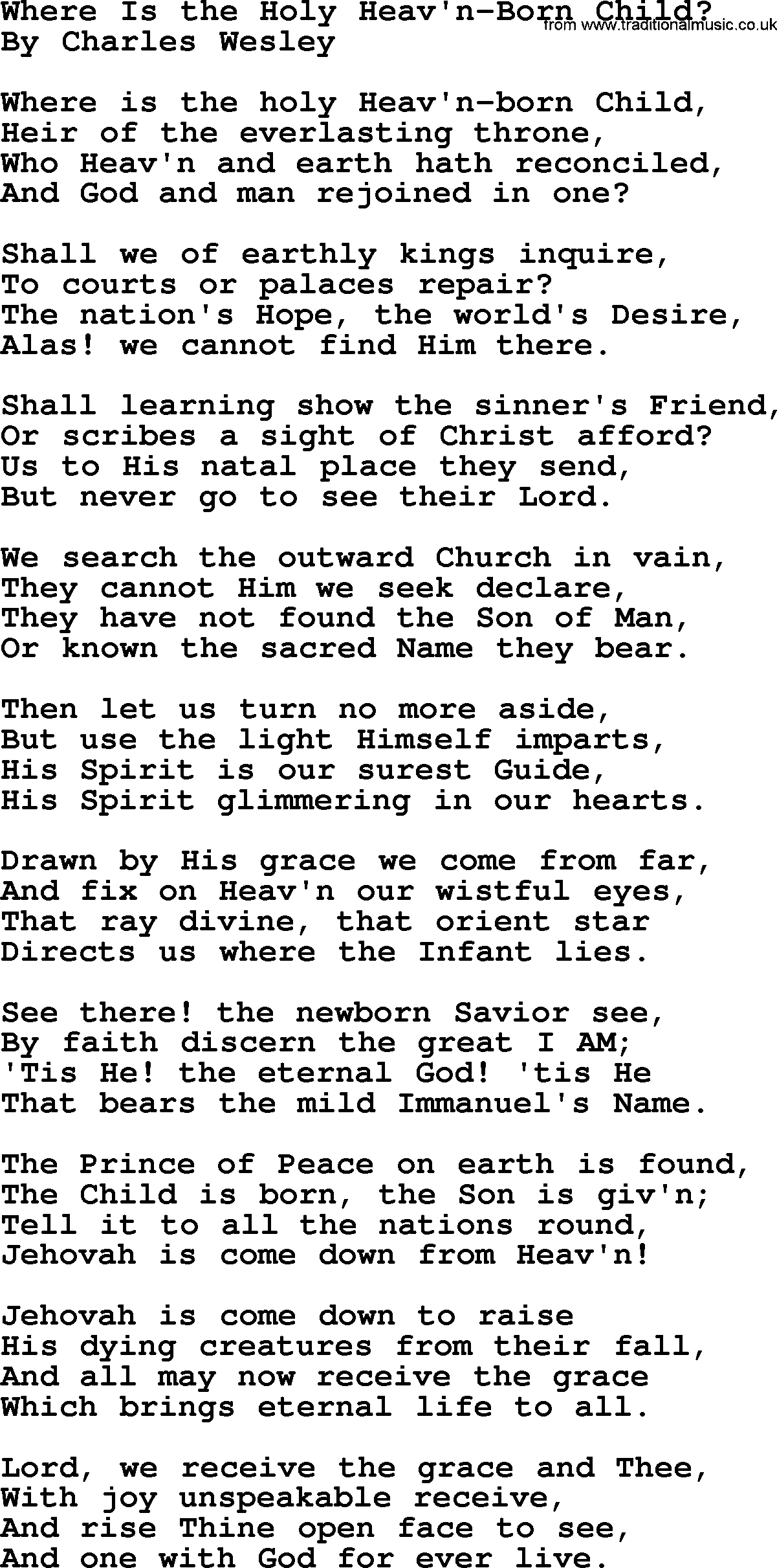 Charles Wesley hymn: Where Is the Holy Heav'n-Born Child_, lyrics