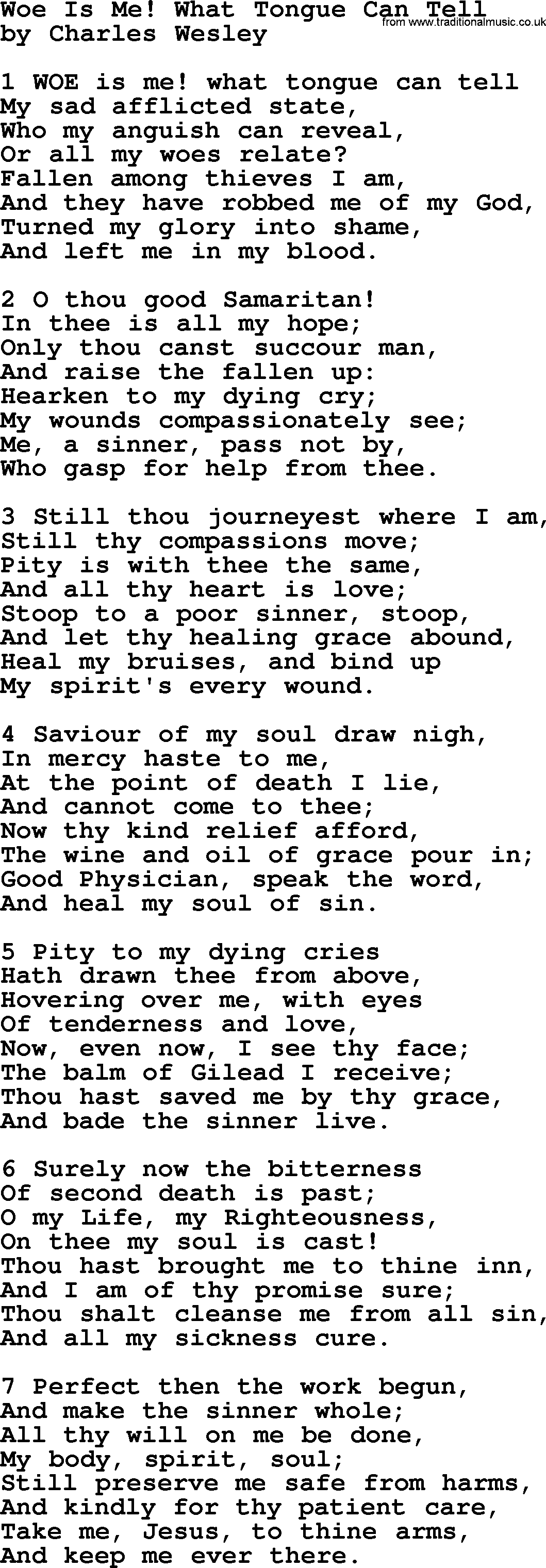 Charles Wesley hymn: Woe Is Me! What Tongue Can Tell, lyrics