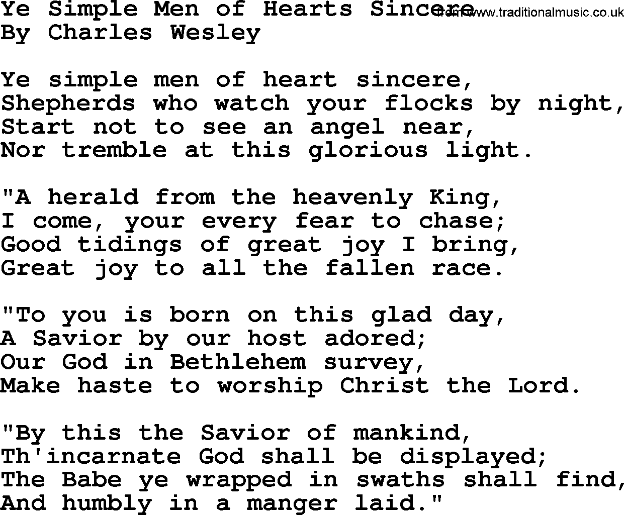 Charles Wesley hymn: Ye Simple Men of Hearts Sincere, lyrics