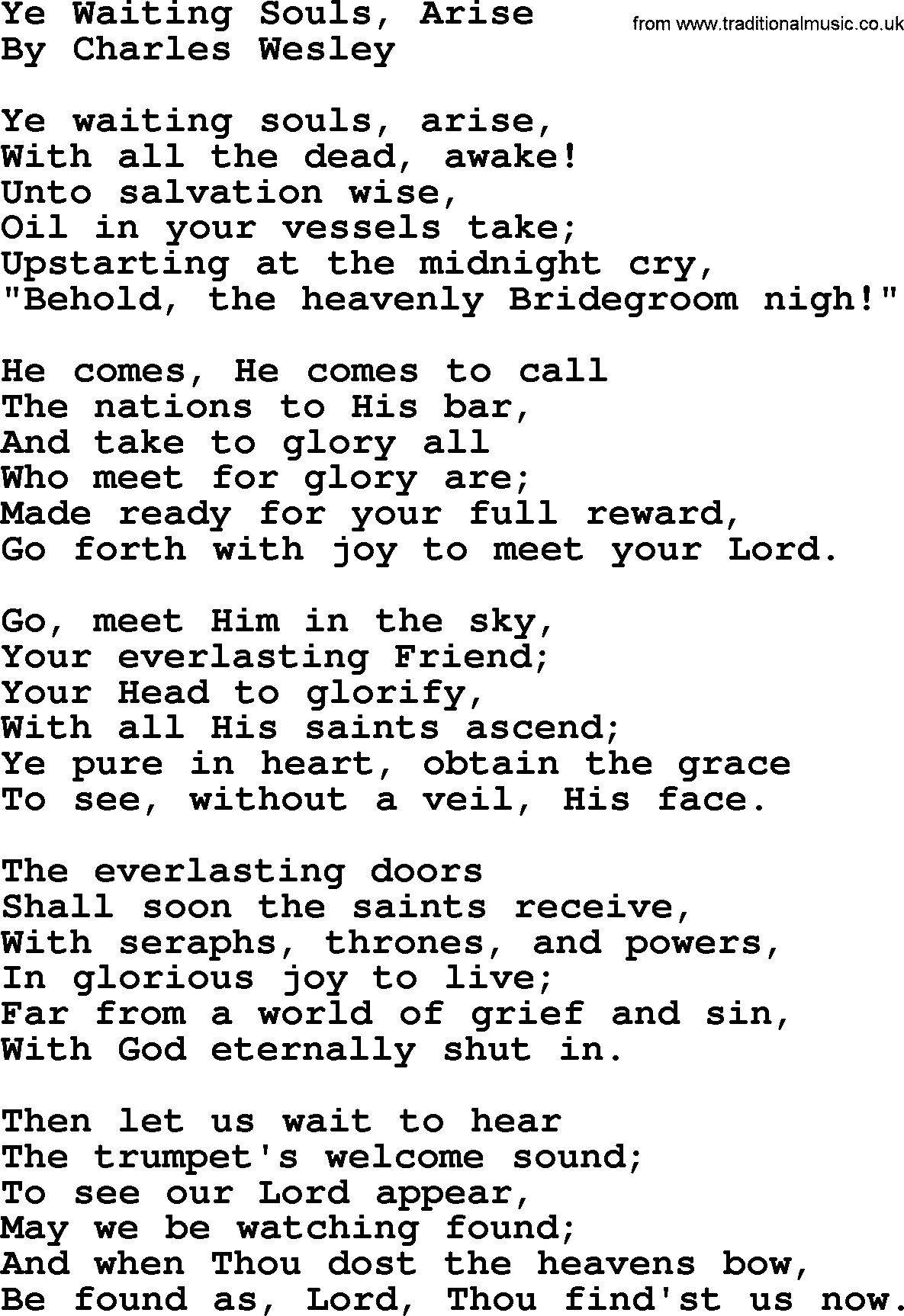 Charles Wesley hymn: Ye Waiting Souls, Arise, lyrics