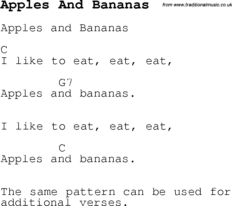 Childrens Songs and Nursery Rhymes, lyrics with chords for guitar, banjo etc for song apples-and-bananas