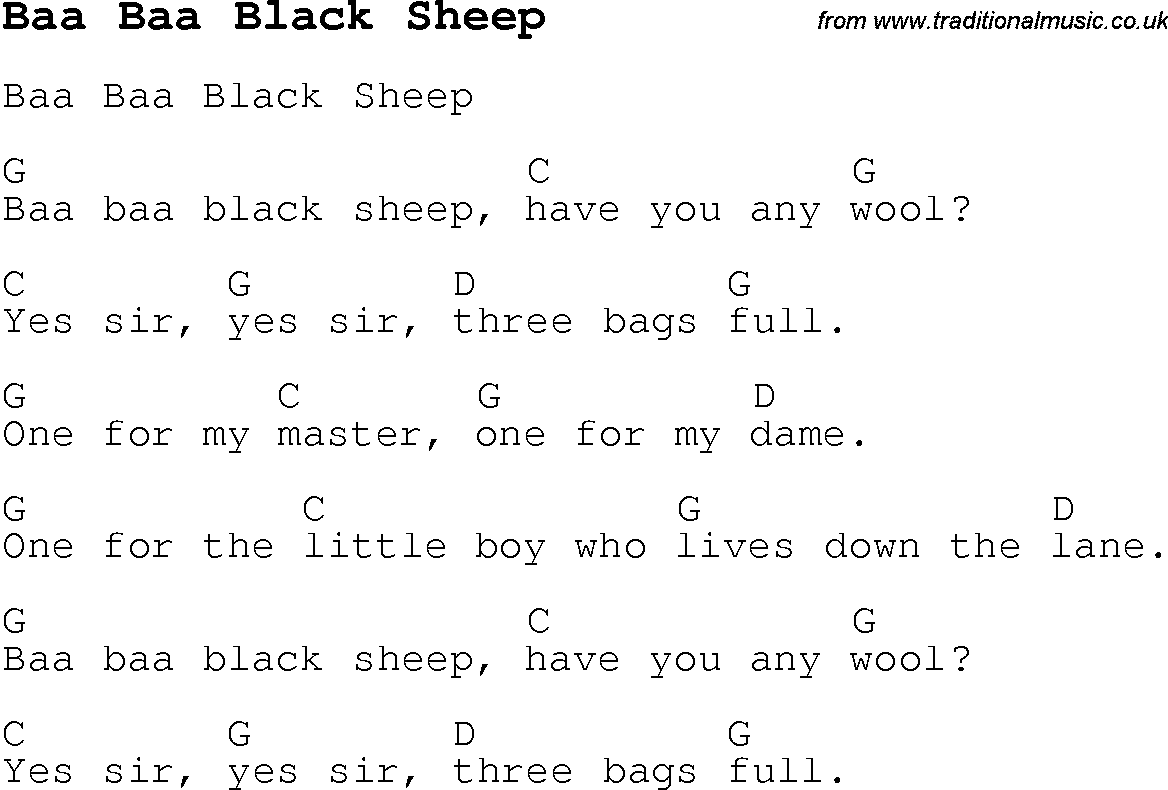 Childrens Songs and Nursery Rhymes, lyrics with chords for guitar, banjo etc for song baa-baa-black-sheep