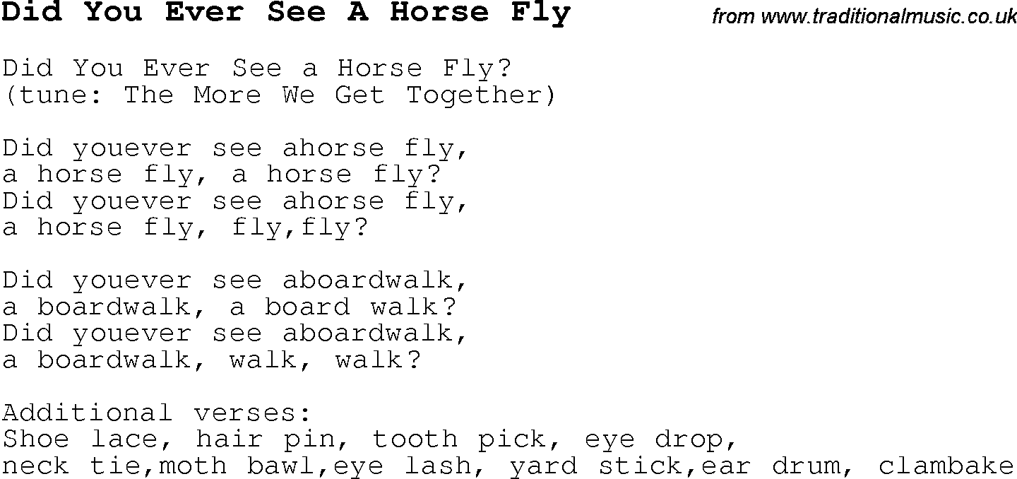 Childrens Songs and Nursery Rhymes, lyrics with chords for guitar, banjo etc for song did-you-ever-see-a-horse-fly
