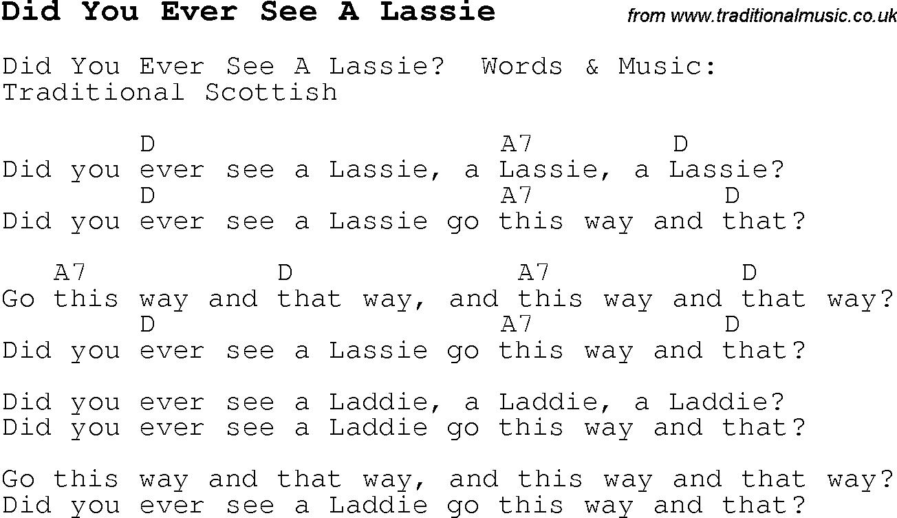 Childrens Songs and Nursery Rhymes, lyrics with chords for guitar, banjo etc for song did-you-ever-see-a-lassie