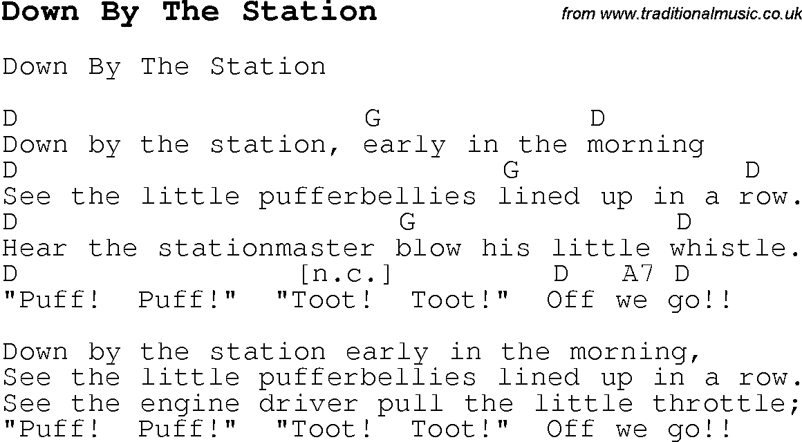 Childrens Songs and Nursery Rhymes, lyrics with chords for guitar, banjo etc for song down-by-the-station
