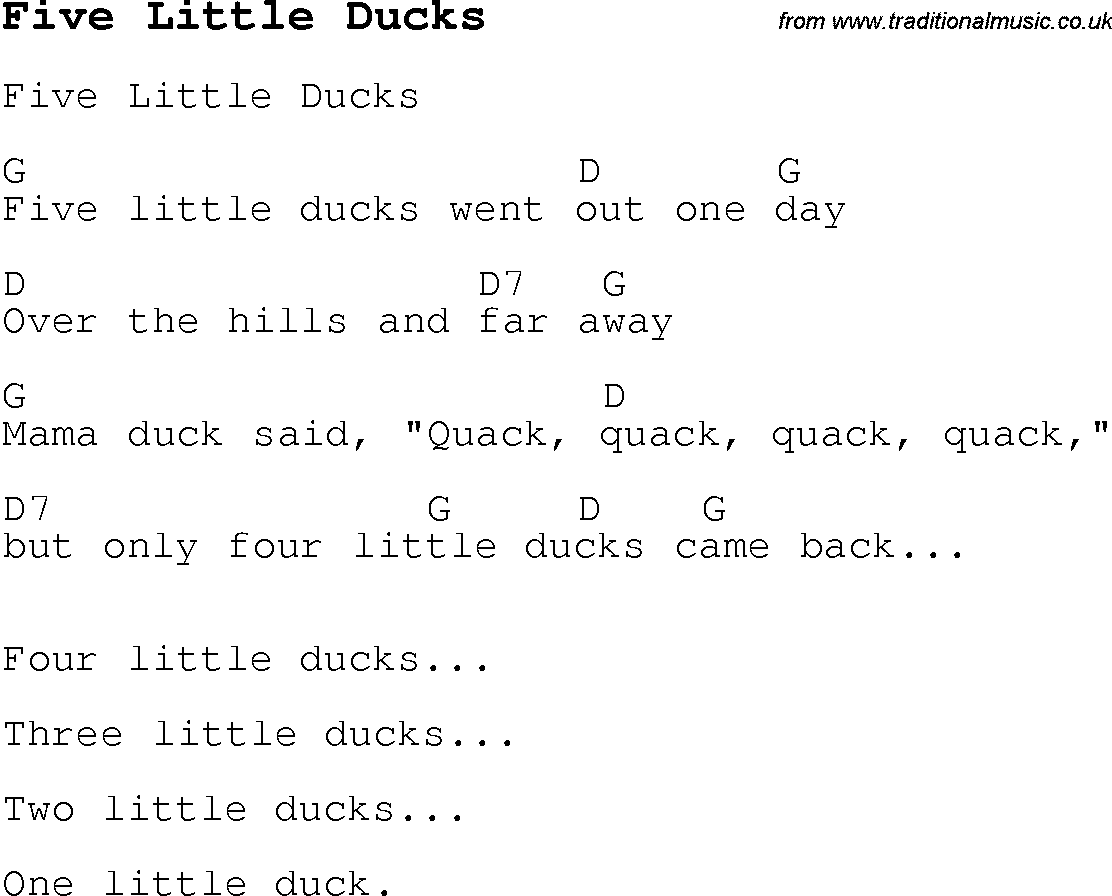 Childrens Songs and Nursery Rhymes, lyrics with chords for guitar, banjo etc for song five-little-ducks