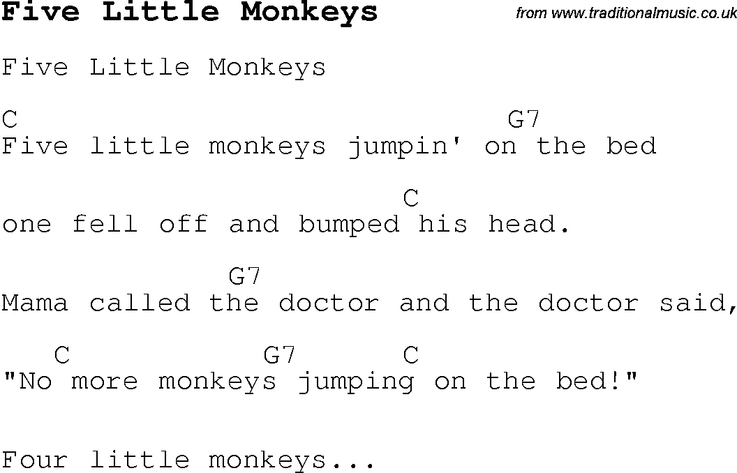 Childrens Songs and Nursery Rhymes, lyrics with chords for guitar, banjo etc for song five-little-monkeys