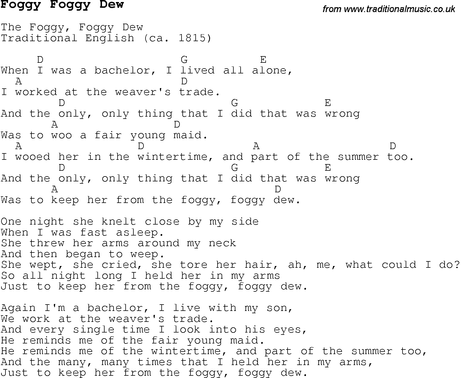 Childrens Songs and Nursery Rhymes, lyrics with chords for guitar, banjo etc for song foggy-foggy-dew