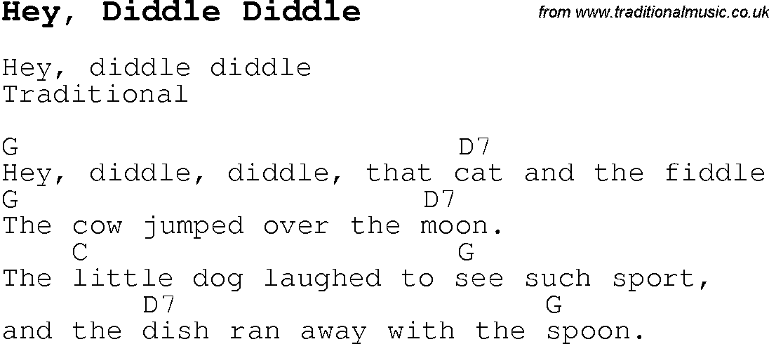 Childrens Songs and Nursery Rhymes, lyrics with chords for guitar, banjo etc for song hey,-diddle-diddle