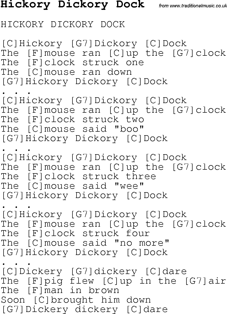 Childrens Songs and Nursery Rhymes, lyrics with chords for guitar, banjo etc for song hickory-dickory-dock